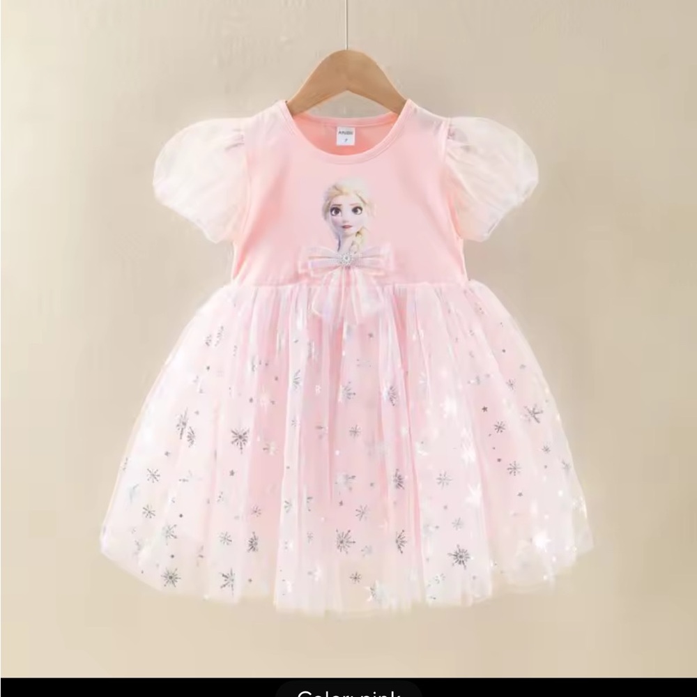 Elsa Peach Dress with a Pink Bow & Silver Snowflake Design on the Tulle